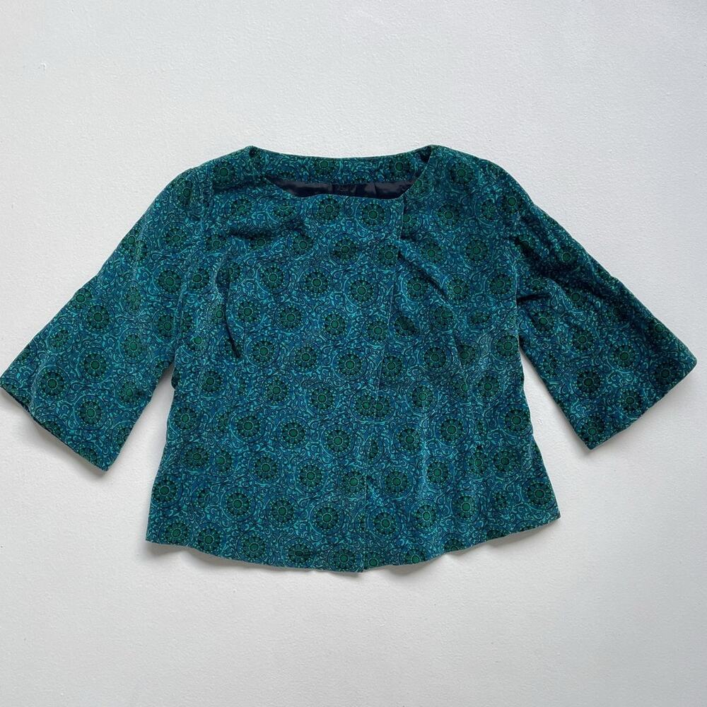 Vtg 60s Teal Velvet Floral Mod Jacket / Cropped Asymetrical Flared Sleeves